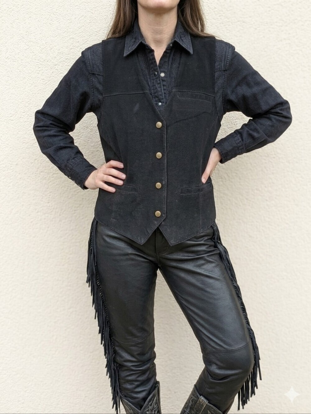 90s Black Suede Vest Medium Western Snap Button Whimsigoth Alt Global Casual